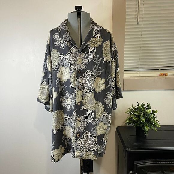 Joseph & Feiss 100% silk floral neutral Hawaiian style button up shirt size XXL - Picture 1 of 5